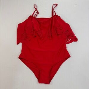 Chic Soul Eyelet Ruffle One Piece Swimsuit Womens 3XL Red Laser Cut | Coquette